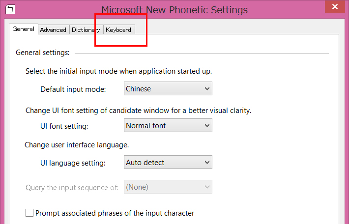 Microsoft New Phonetic Settingsというウィンドウが開くので、タブからKyeboardを選択する